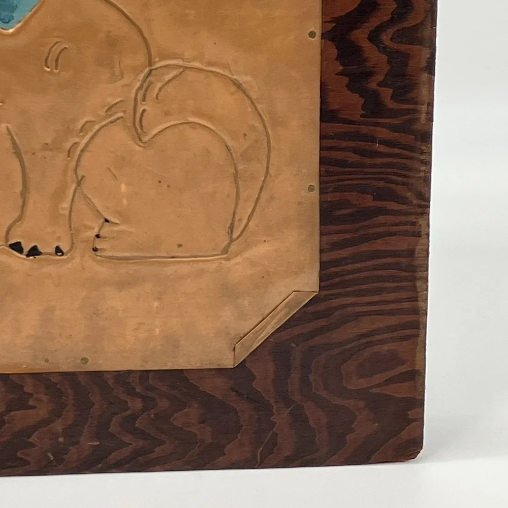 Vtg Hammered Copper Kitten Mounted on Wood Quirky Cottagecore Kitschy